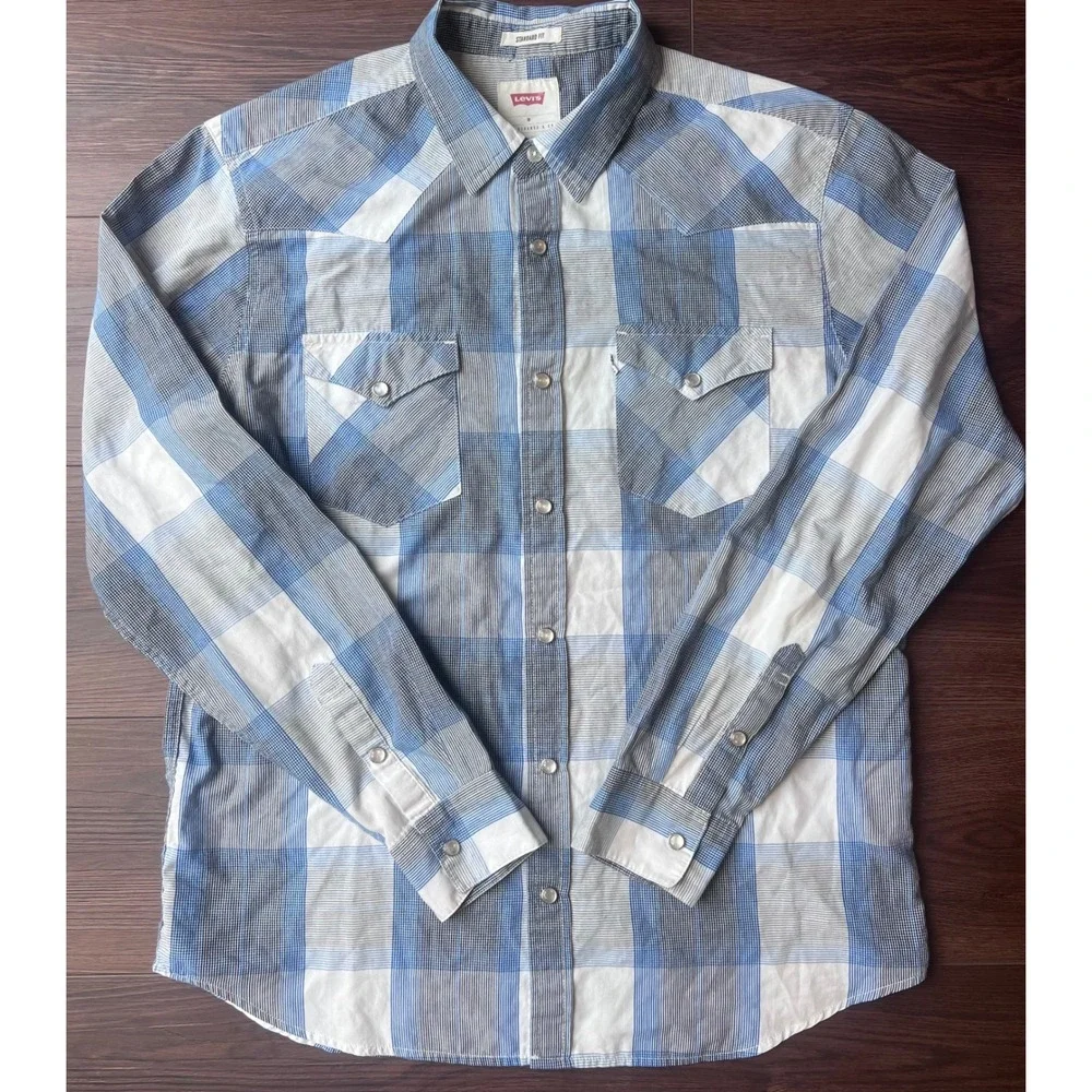 Levis Mens Western Shirt Blue White Plaid Pearl Snap Standard Fit M Long Slv